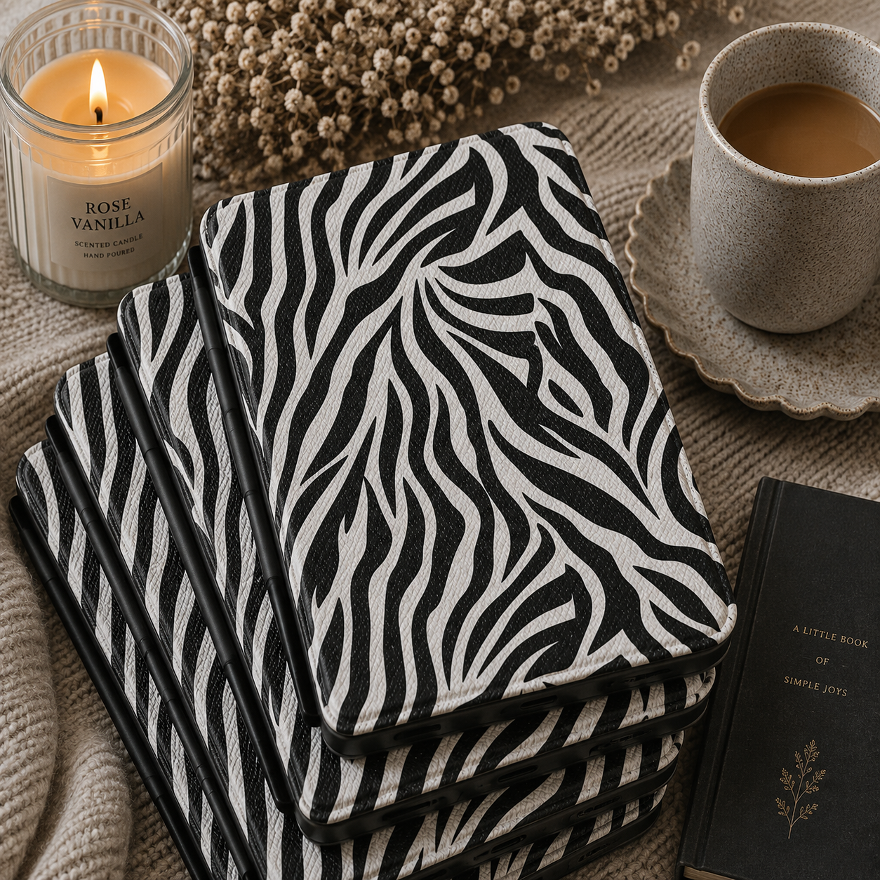 Zebra stripe Kindle case open showing e-ink Kindle on right interior panel