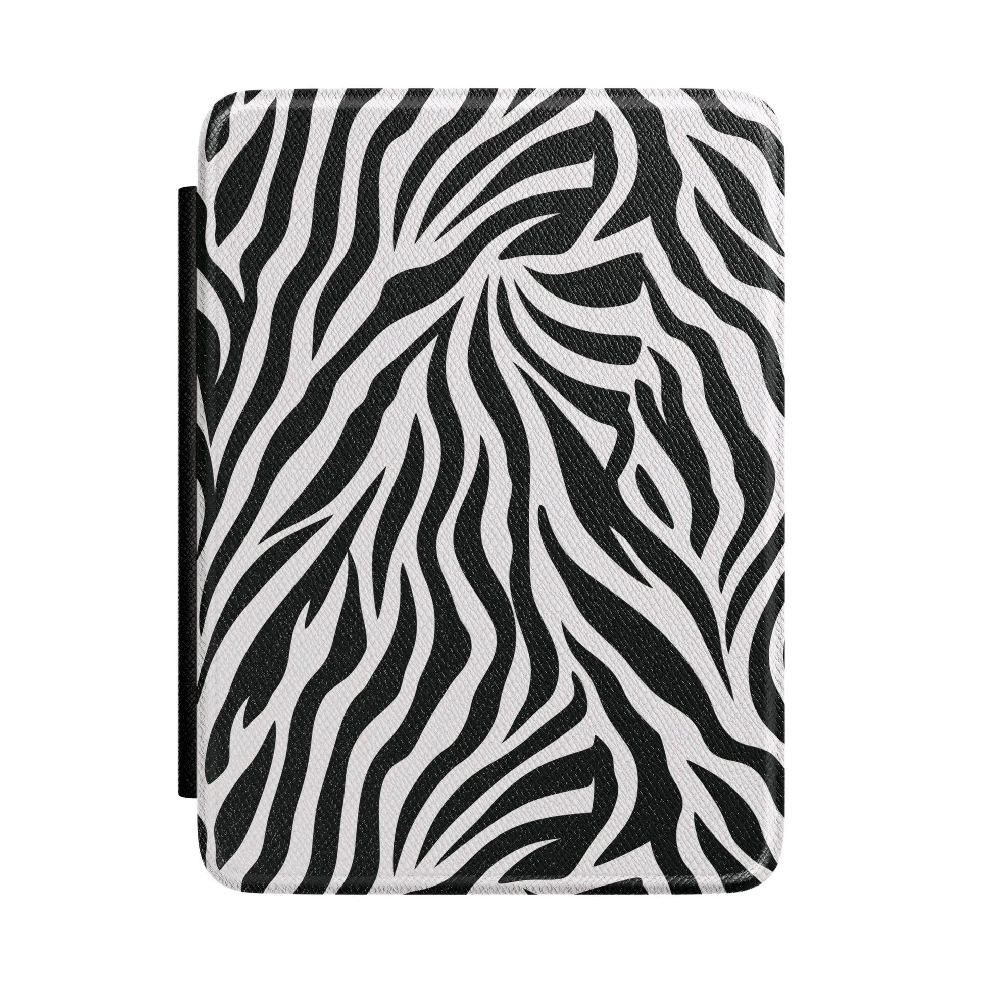 Zebra stripe Kindle case in black and white Saffiano — bold high-contrast animal print, Atelier gift for her