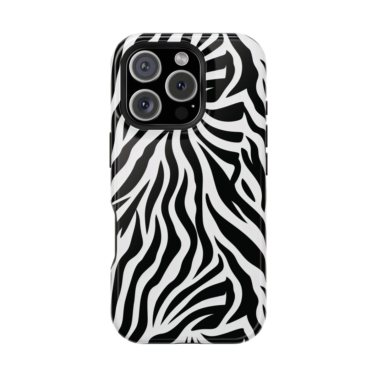 Black and white Zebra Stripe phone case, full-wrap print shown on an iPhone
