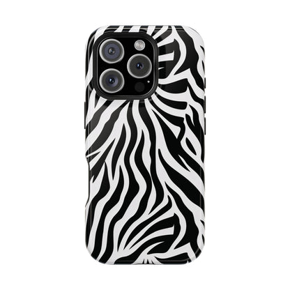 Black and white Zebra Stripe phone case, full-wrap print shown on an iPhone