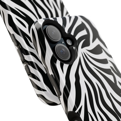 Black and white zebra print MagSafe phone case shown in hand