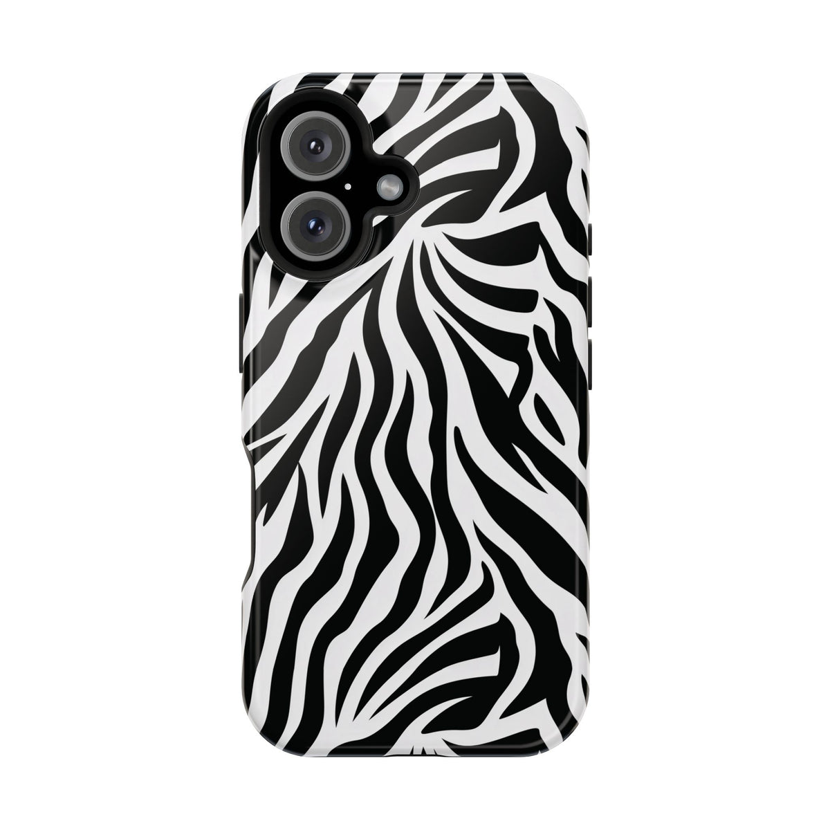 Zebra Stripe phone case in black and white — bold brushstroke animal print, MagSafe compatible