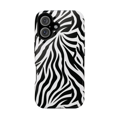 Zebra Stripe phone case in black and white — bold brushstroke animal print, MagSafe compatible