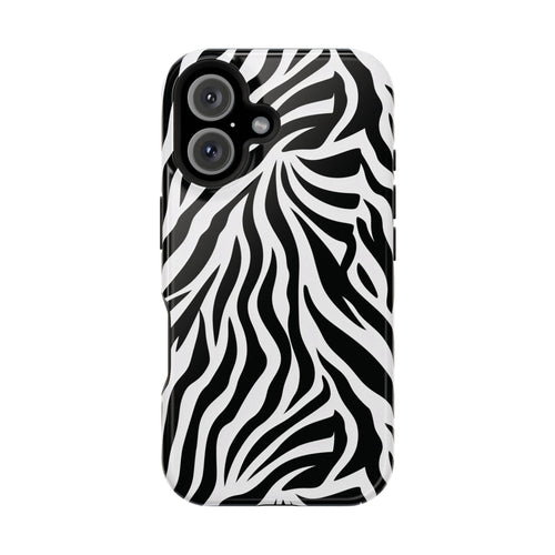 Zebra Stripe phone case in black and white — bold brushstroke animal print, MagSafe compatible