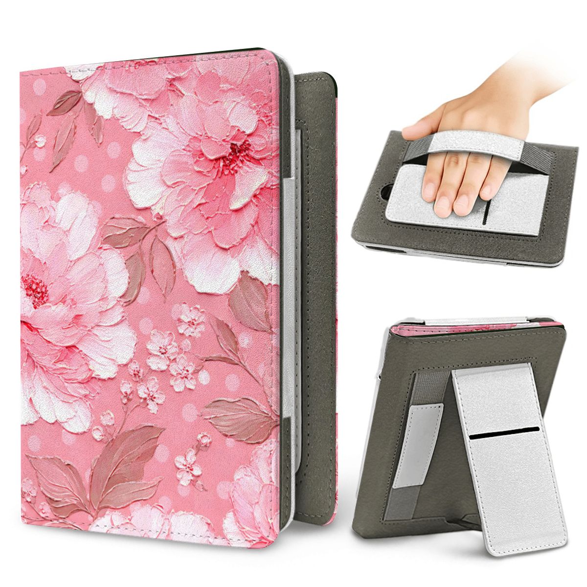 Pink Peony Polka Dot Kindle case — elastic hand strap and fold-out stand on the back