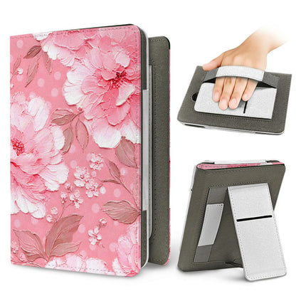 Pink Peony Polka Dot Kindle case — elastic hand strap and fold-out stand on the back